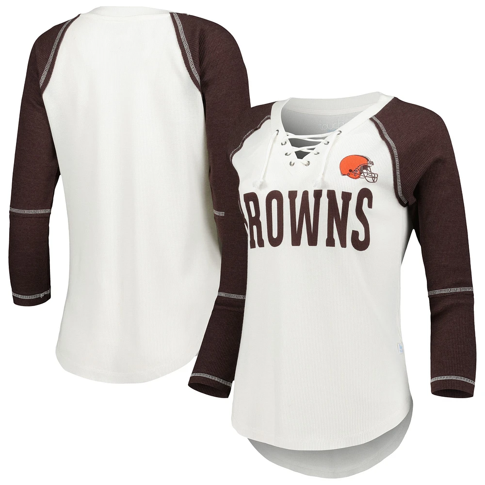 Women's Touch White/Brown Cleveland Browns Rebel Raglan Tri-Blend 3/4-Sleeve Lace-Up V-Neck T-Shirt