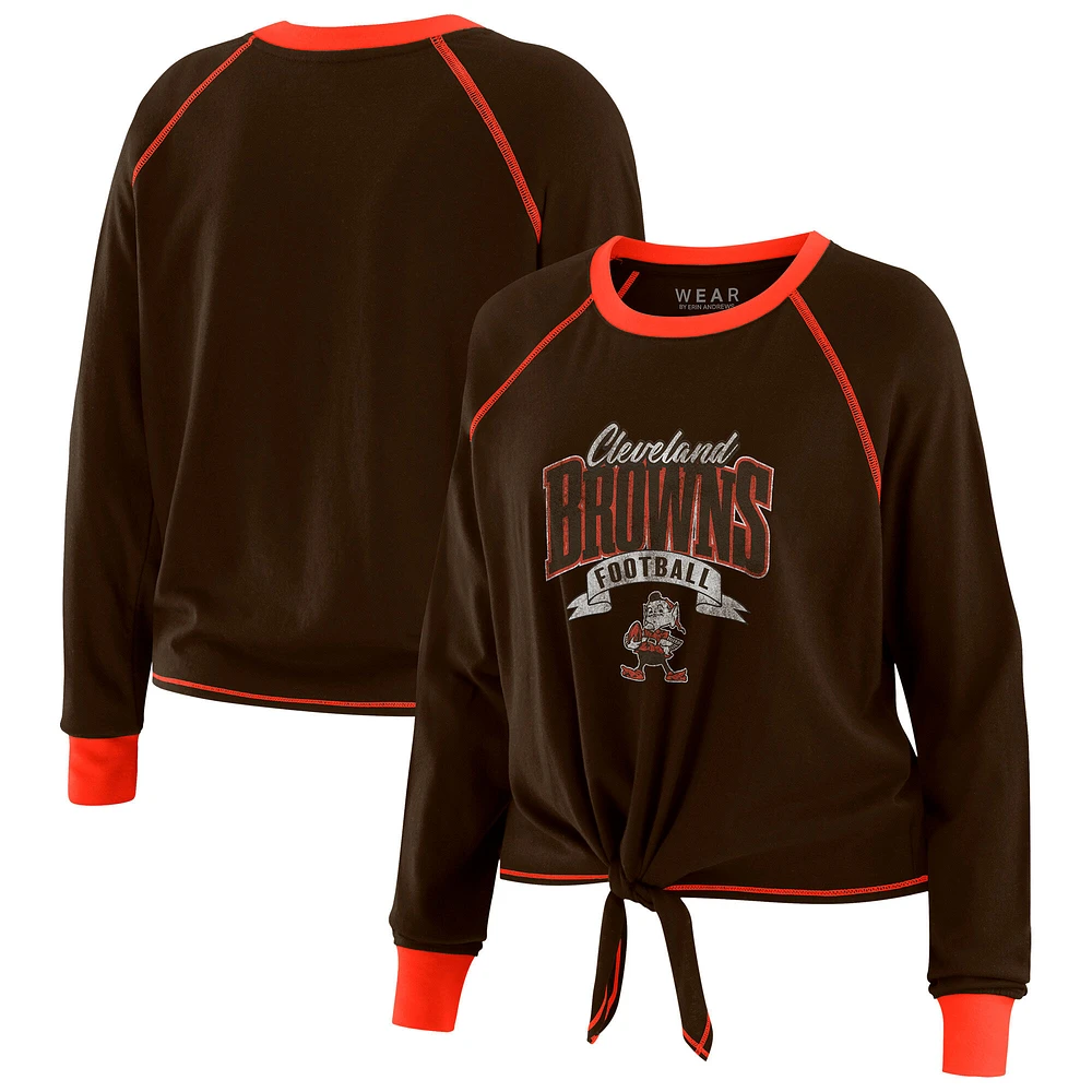 Haut à manches longues noué sur le devant marron/orange Cleveland Browns WEAR by Erin Andrews pour femme