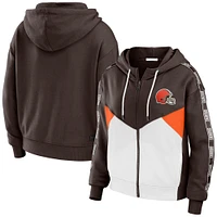 Sweat à capuche court léger et zippé Cleveland Browns Color Block marron/blanc pour femme par Erin Andrews