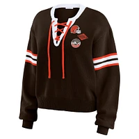 Women's WEAR by Erin Andrews Brown  Cleveland Browns Lace-Up Sweater