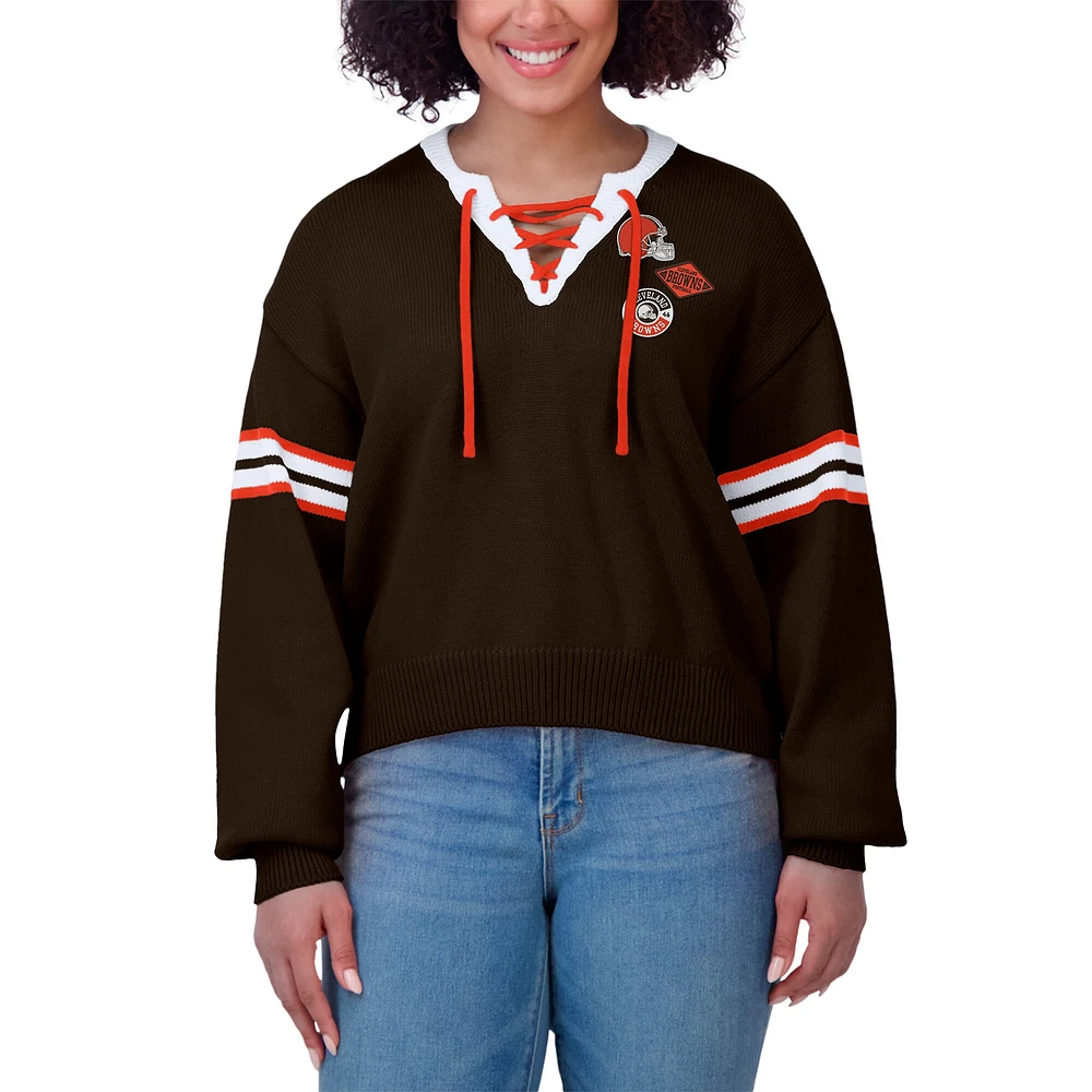 Women's WEAR by Erin Andrews Brown  Cleveland Browns Lace-Up Sweater