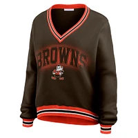 Women's WEAR by Erin Andrews Brown Cleveland Browns Oversized Long Sleeve V-Neck Sweatshirt