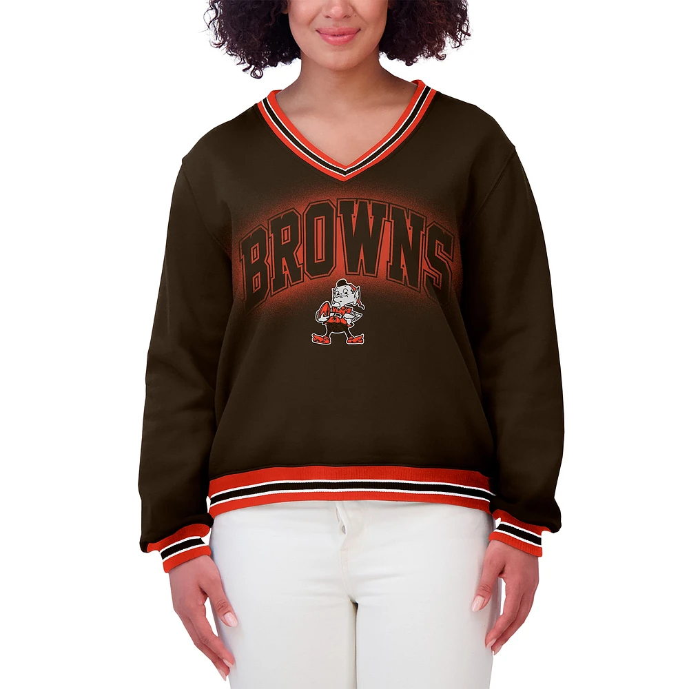 Women's WEAR by Erin Andrews Brown Cleveland Browns Oversized Long Sleeve V-Neck Sweatshirt