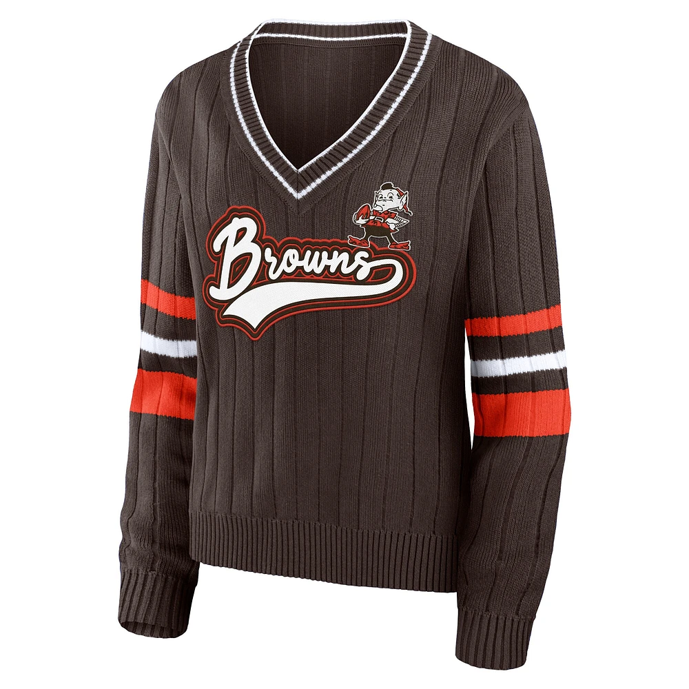 WEAR by Erin Andrews Brown Pull rétro à col en V des Cleveland Browns pour femmes
