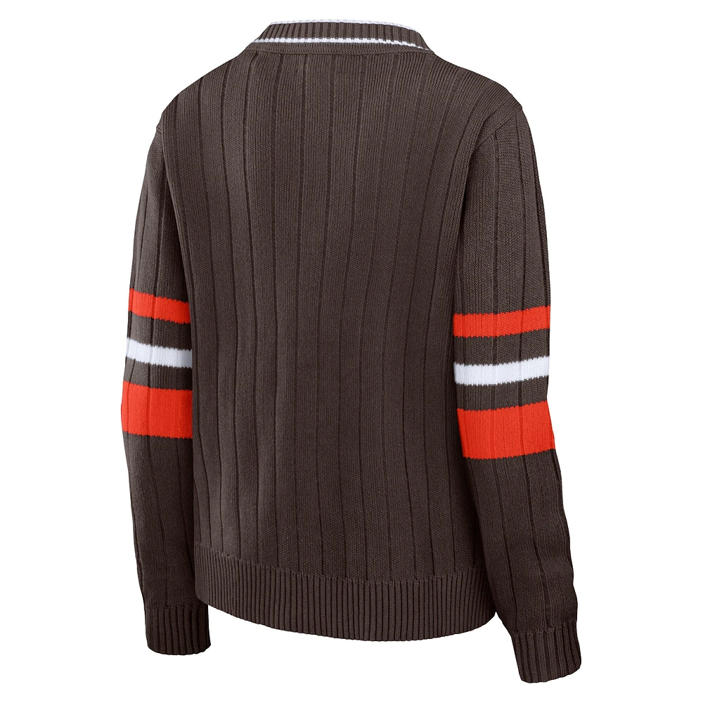 WEAR by Erin Andrews Brown Pull rétro à col en V des Cleveland Browns pour femmes