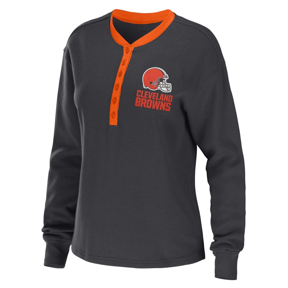 Women's WEAR by Erin Andrews Charcoal Cleveland Browns Waffle Henley Long Sleeve T-Shirt