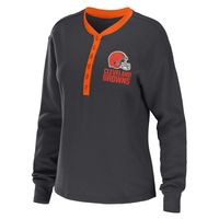 Women's WEAR by Erin Andrews Charcoal Cleveland Browns Waffle Henley Long Sleeve T-Shirt