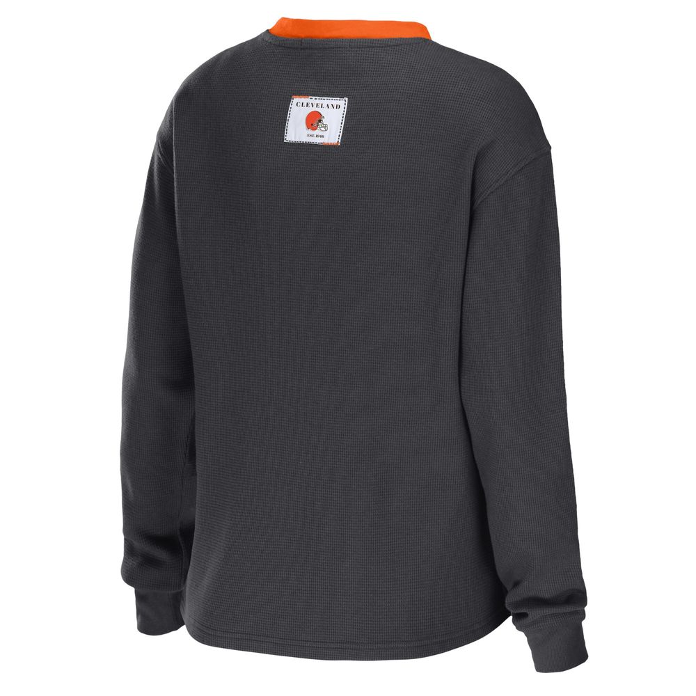 Women's WEAR by Erin Andrews Charcoal Cleveland Browns Waffle Henley Long Sleeve T-Shirt