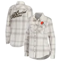 Chemise boutonnée à manches longues en flanelle carreaux Cleveland Browns crème/gris pour femme WEAR by Erin Andrews