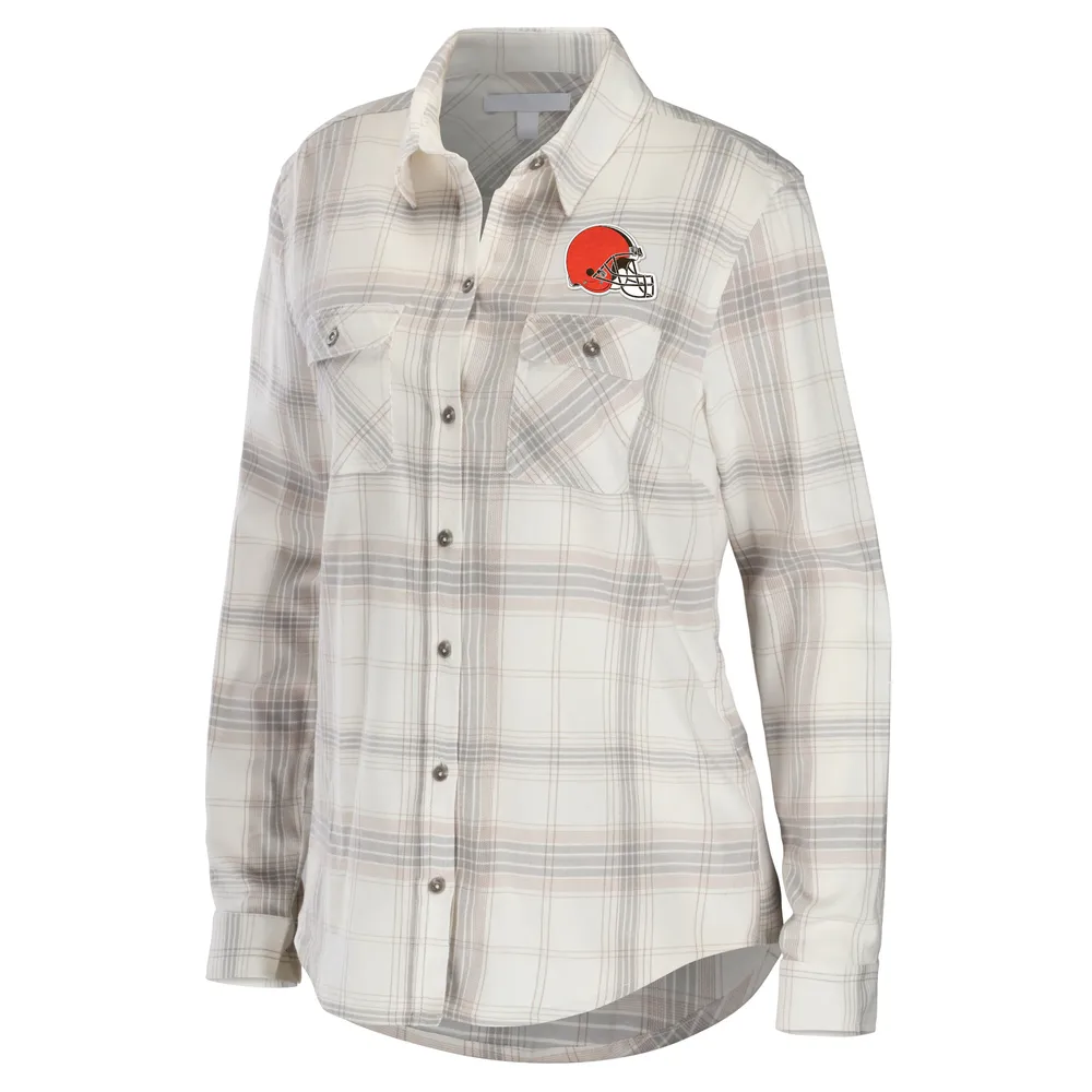 Chemise boutonnée à manches longues en flanelle carreaux Cleveland Browns crème/gris pour femme WEAR by Erin Andrews