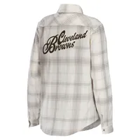 Women's WEAR by Erin Andrews Cream/Gray Cleveland Browns Plaid Flannel Tri-Blend Long Sleeve Button-Up Shirt