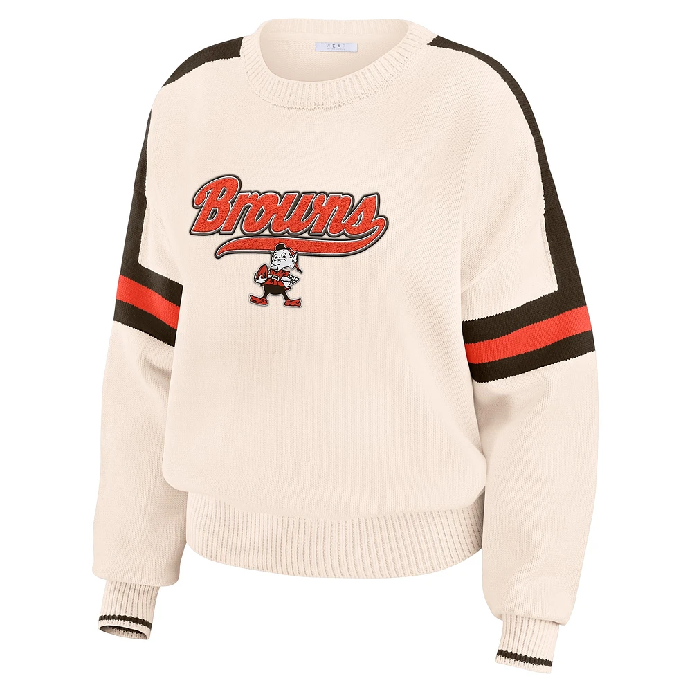 Women's WEAR by Erin Andrews  Cream Cleveland Browns Stripe Pullover Sweater