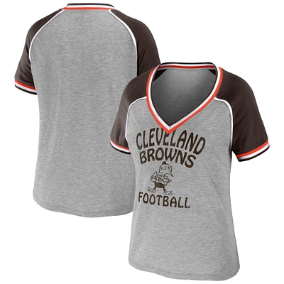 Women's WEAR by Erin Andrews Heather Gray Cleveland Browns Cropped Raglan Throwback V-Neck T-Shirt