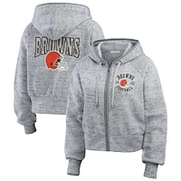 Sweat à capuche court entièrement zippé en polaire mouchetée gris chiné Cleveland Browns pour femme WEAR by Erin Andrews