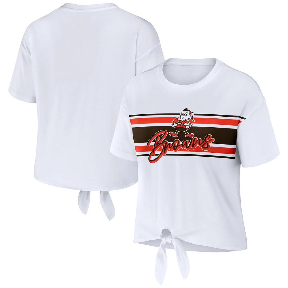 T-shirt rétro à nouer sur le devant pour femme WEAR by Erin Andrews, blanc, des Cleveland Browns