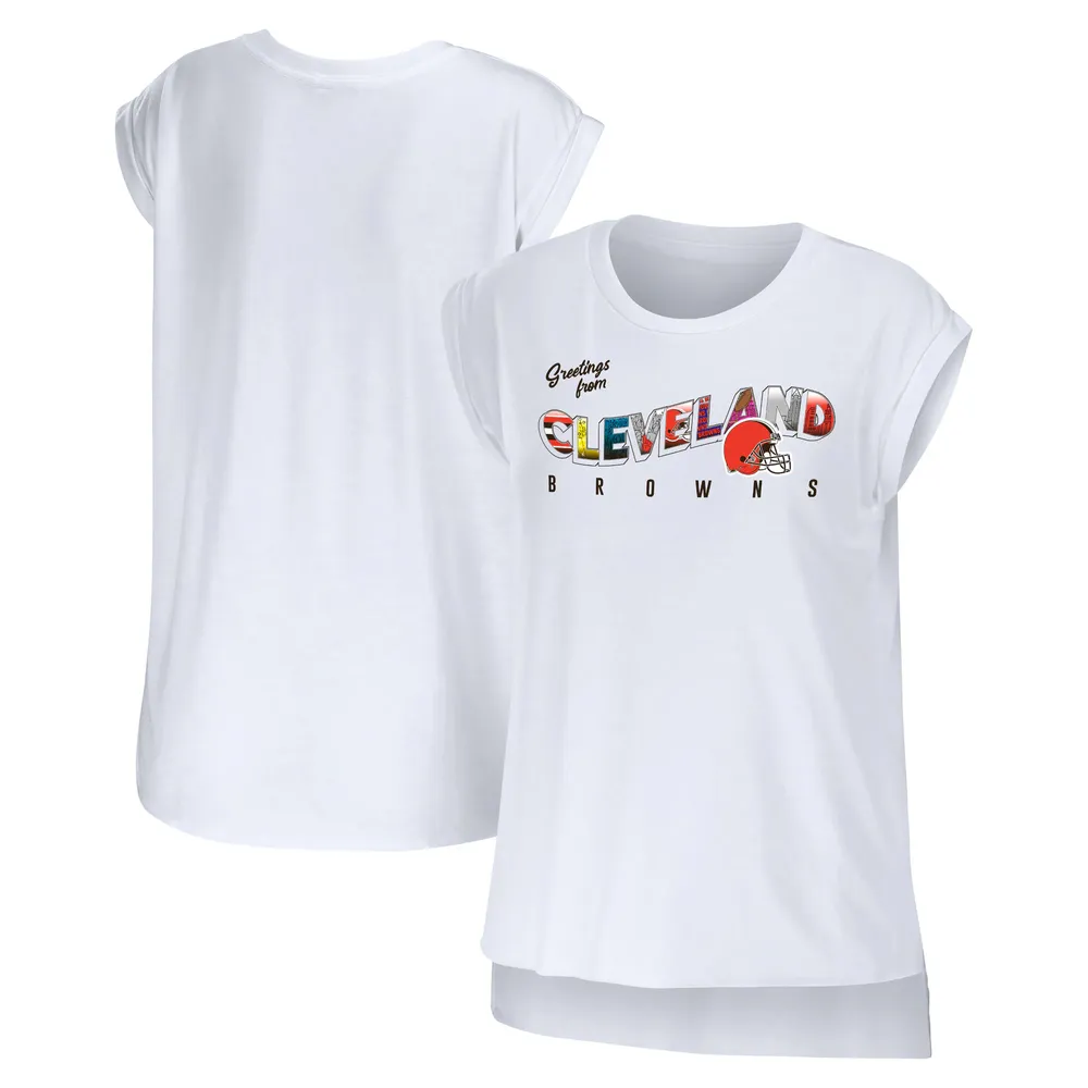 WEAR by Erin Andrews T-shirt blanc Cleveland Browns Greetings From Muscle pour femmes