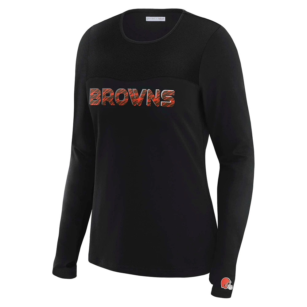 T-shirt à manches longues et empiècement en maille noire Cleveland Browns WEAR by Erin Andrews x Gracie Hunt pour femme