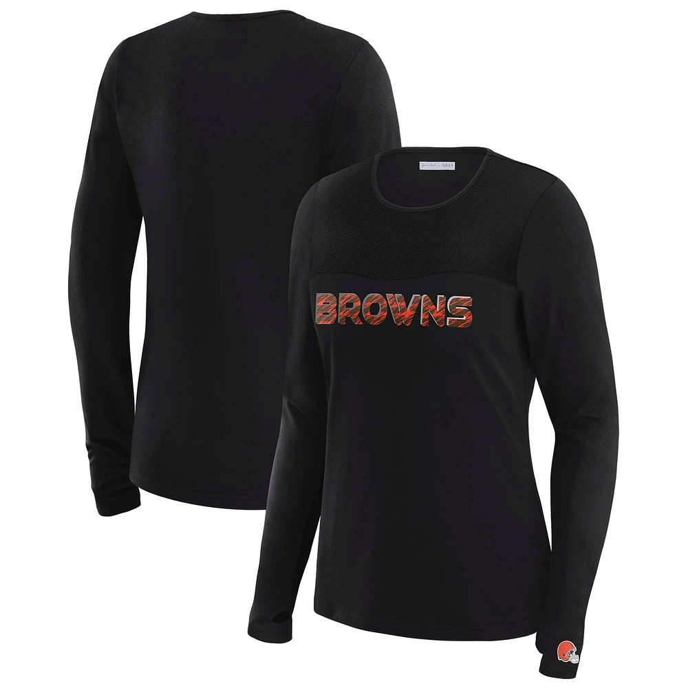 T-shirt à manches longues et empiècement en maille noire Cleveland Browns WEAR by Erin Andrews x Gracie Hunt pour femme