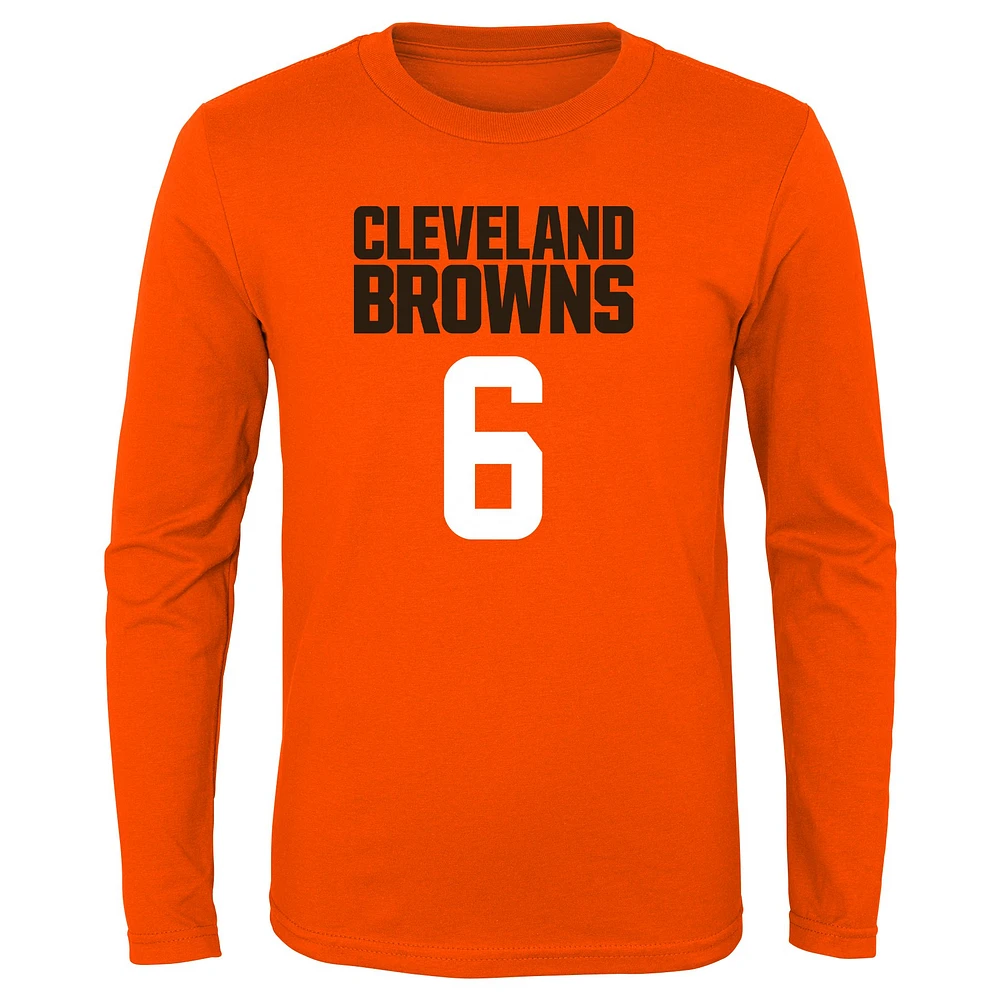 T-shirt à manches longues pour jeunes Baker Mayfield orange Cleveland Browns Mainliner Nom et numéro du joueur