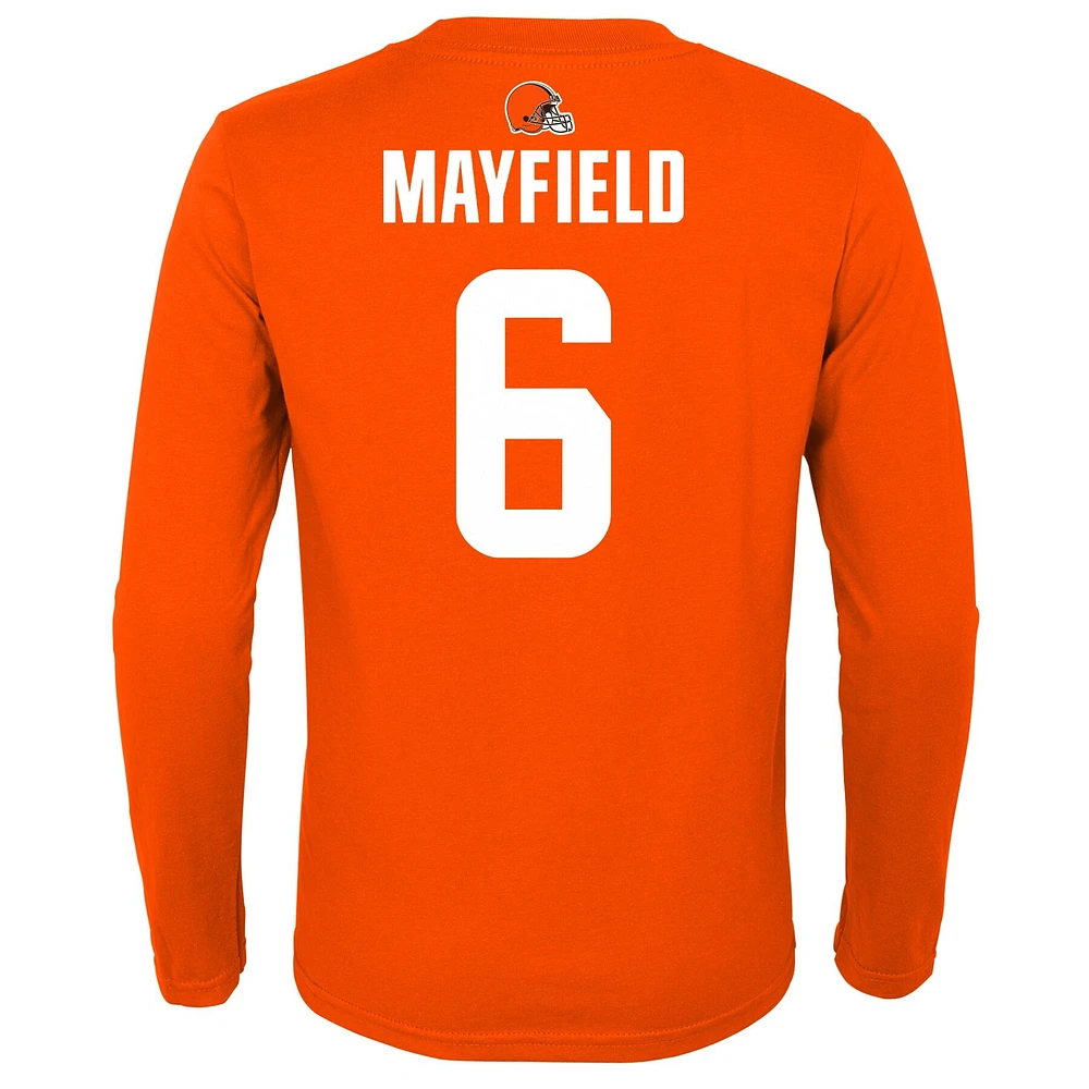 T-shirt à manches longues pour jeunes Baker Mayfield orange Cleveland Browns Mainliner Nom et numéro du joueur