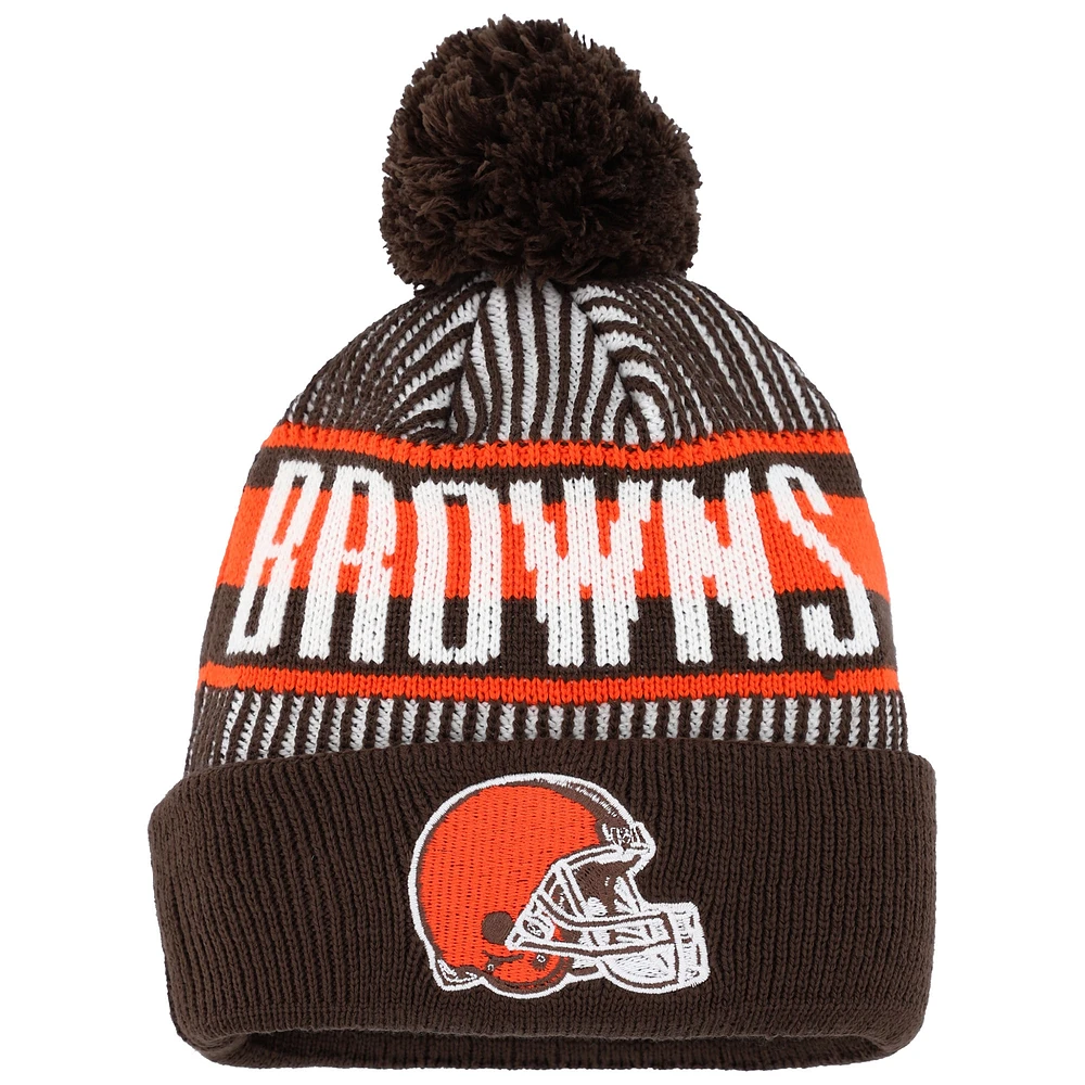 Bonnet en tricot à revers rayé Cleveland Browns New Era marron avec pompon pour jeune