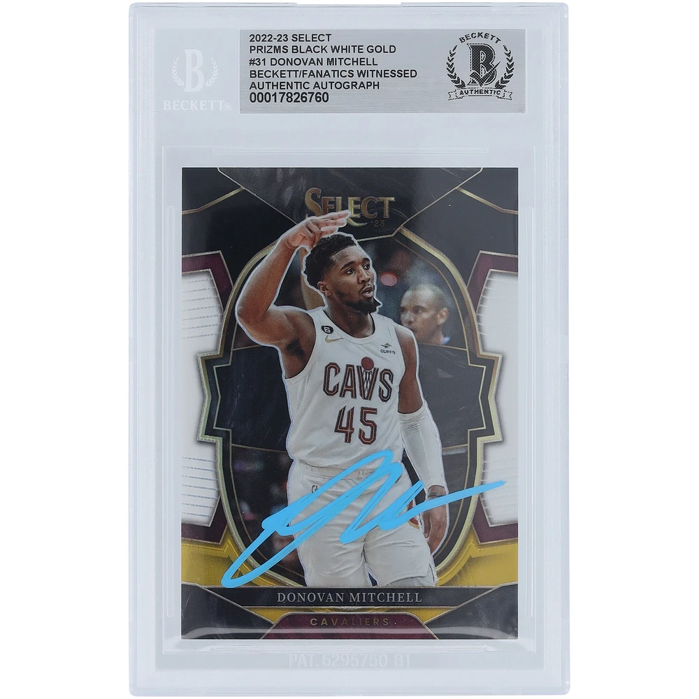 Donovan Mitchell Cleveland Cavaliers Autographed 2022-23 Panini Select Black White & Gold Prizm Light Blue Ink #31 #1/1 Beckett Fanatics Witnessed Authenticated Card