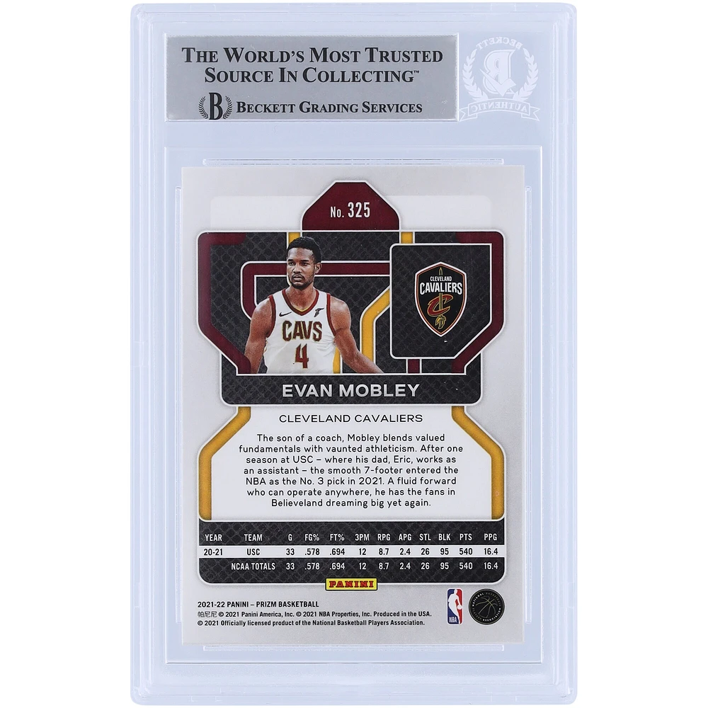 Carte de recrue authentifiée signée Evan Mobley Cleveland Cavaliers Panini Prizm #325 2021-22 Beckett Fanatics