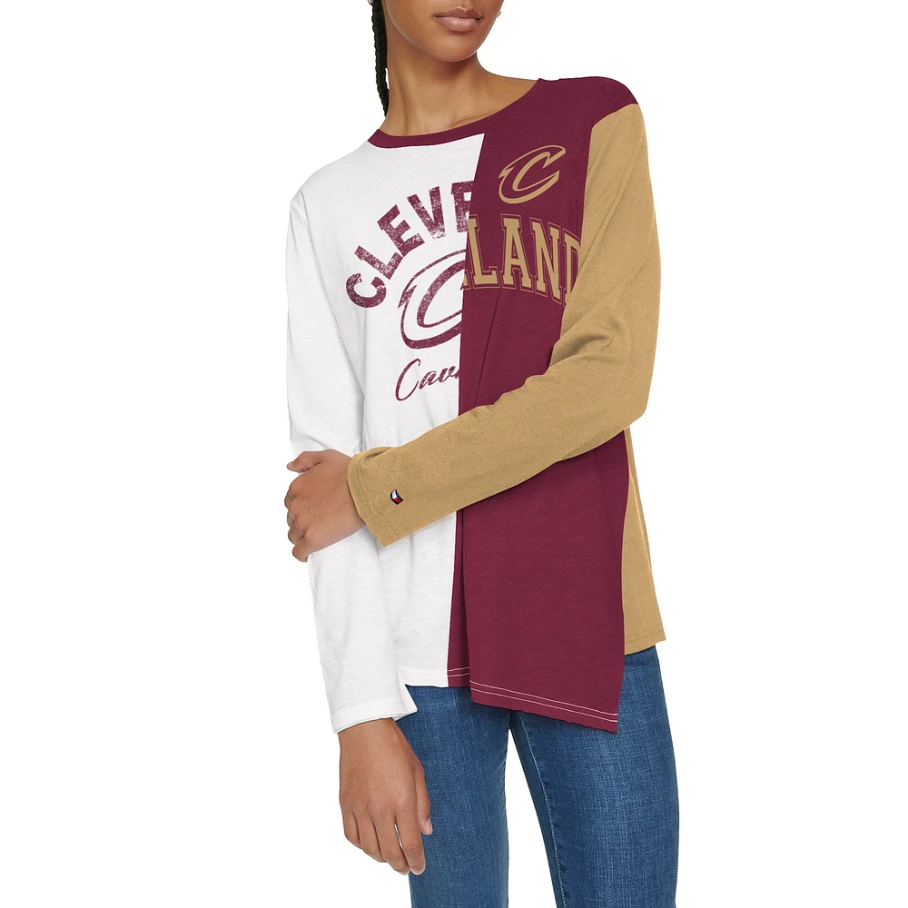 Women's Tommy Jeans White/Wine Cleveland Cavaliers Amelia Color Blocked Long Sleeve T-Shirt