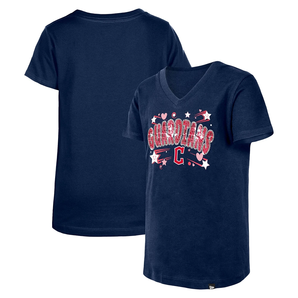 T-shirt à paillettes New Era pour jeunes filles, Cleveland Guardians, col en V, bleu marine