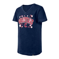 T-shirt à paillettes New Era pour jeunes filles, Cleveland Guardians, col en V, bleu marine