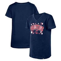 T-shirt à paillettes New Era pour jeunes filles, Cleveland Guardians, col en V, bleu marine