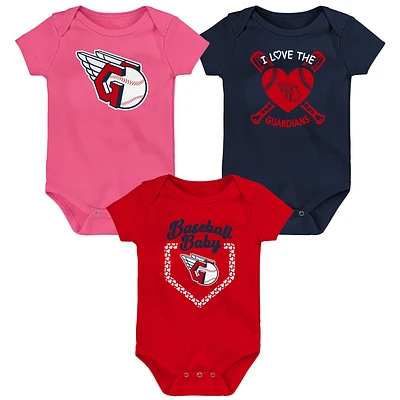 Ensemble de 3 bodys pour bébé bleu marine/rouge/rose Cleveland Guardians Baseball