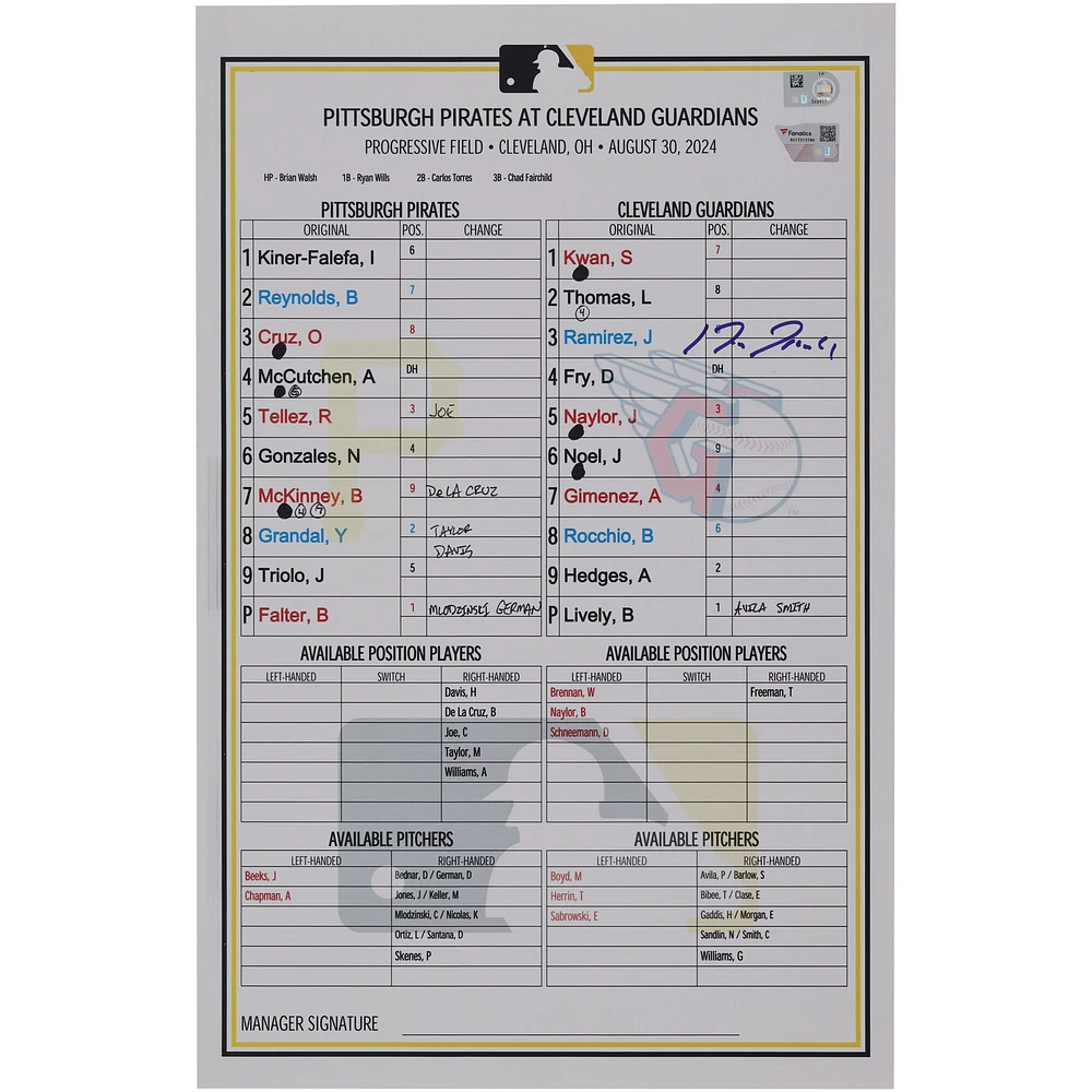 Jose Ramirez Cleveland Guardians Autographed Game-Used Lineup Card vs. Pittsburgh Pirates on August 30, 2024