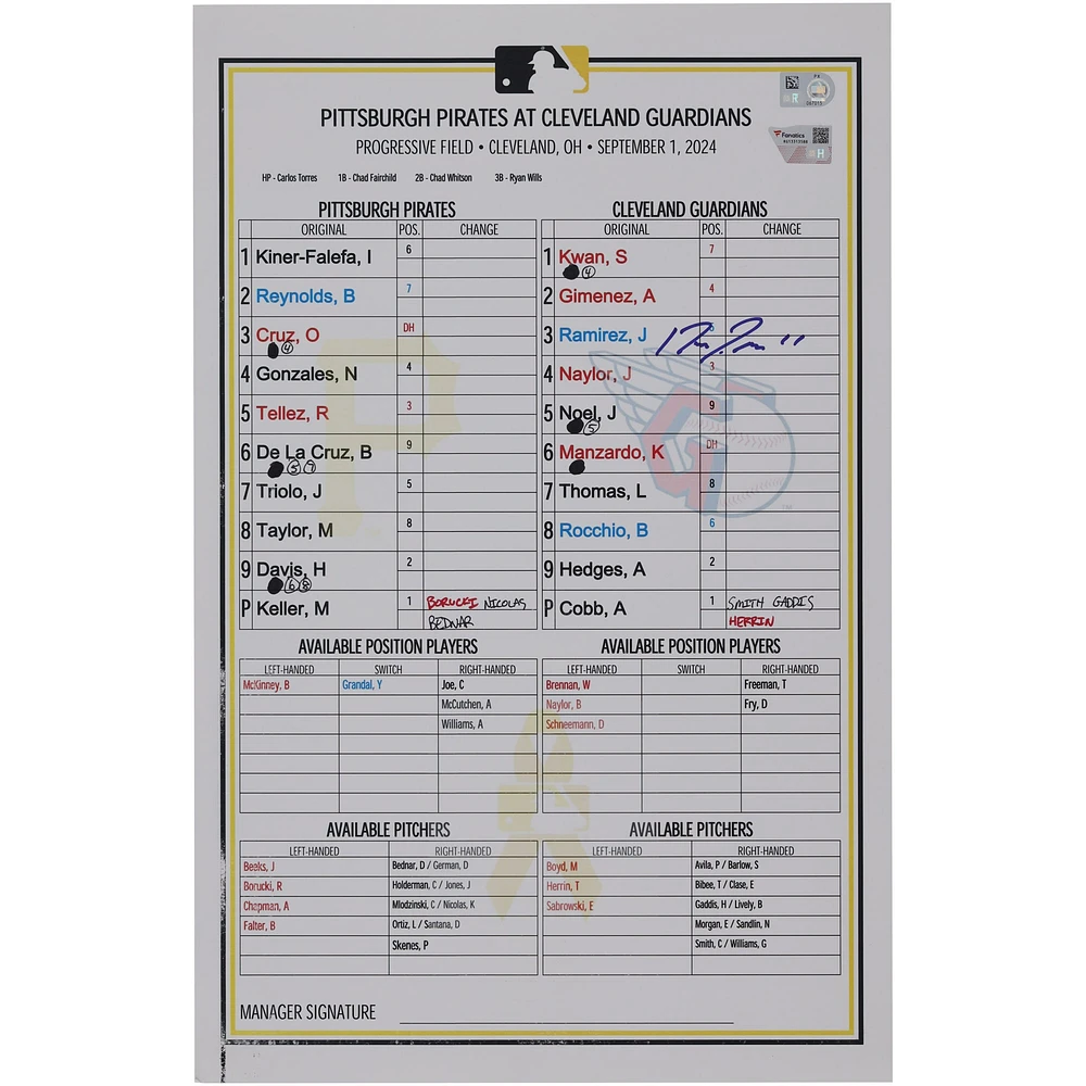Jose Ramirez Cleveland Guardians Autographed Game-Used Lineup Card vs. Pittsburgh Pirates on September 1, 2024