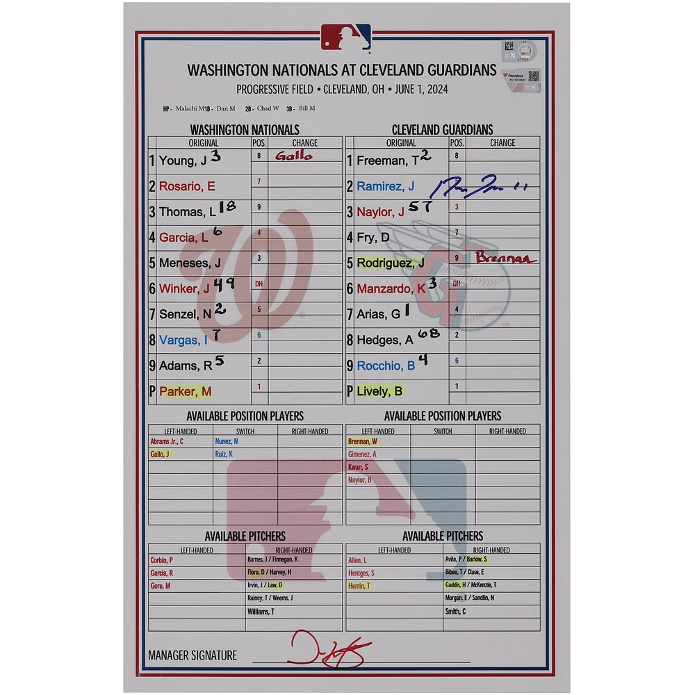 Jose Ramirez Cleveland Guardians Autographed Game-Used Lineup Card vs. Washington Nationals on June 1, 2024