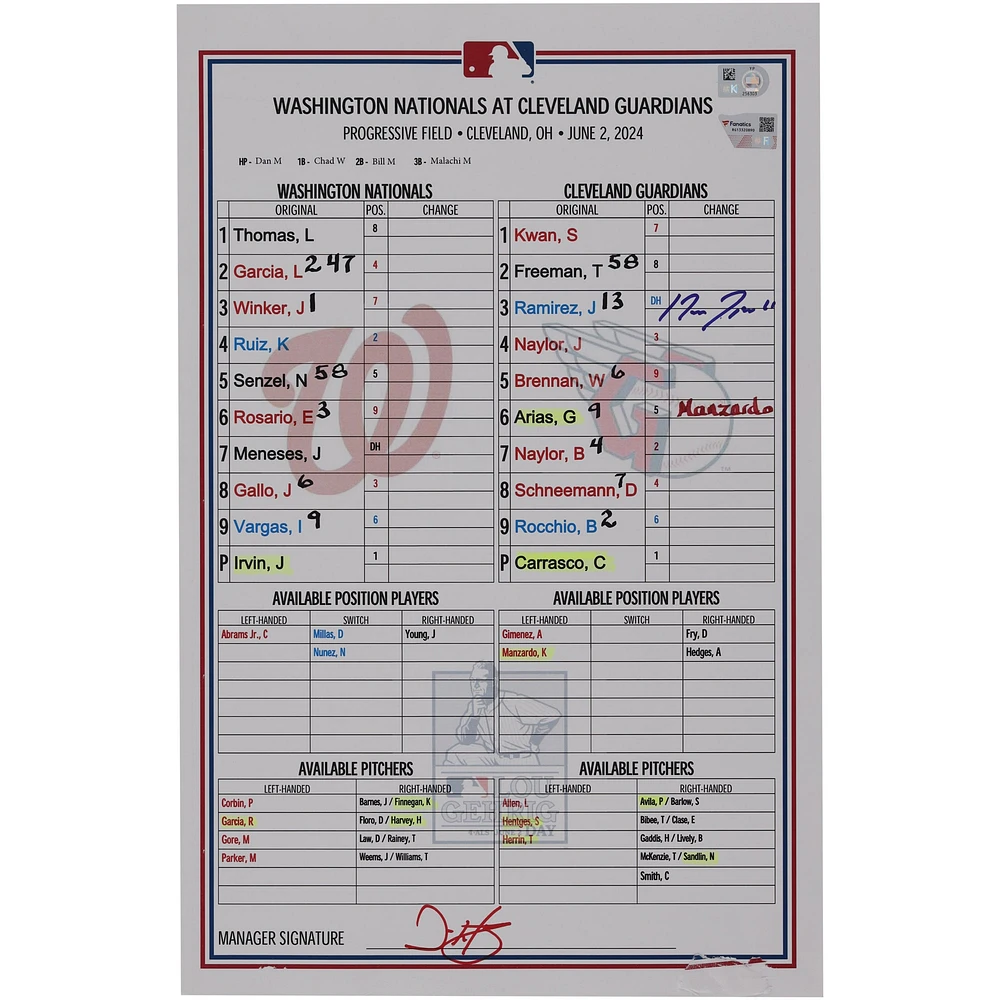 Jose Ramirez Cleveland Guardians Autographed Game-Used Lineup Card vs. Washington Nationals on June 2, 2024