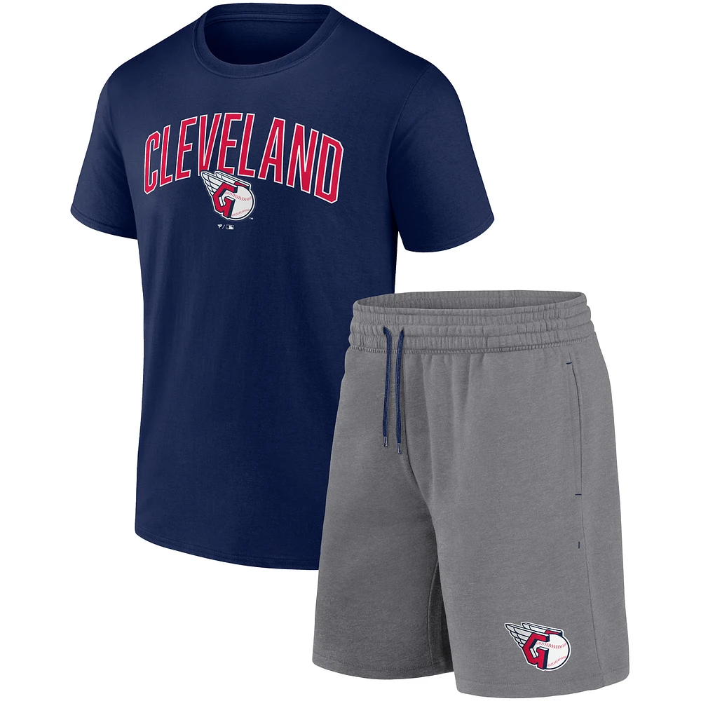 Ensemble combiné t-shirt et short Fanatics pour hommes bleu marine/gris chiné Cleveland Guardians Arch