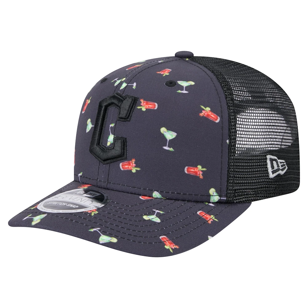 Men's New Era Black Cleveland Guardians Adventure Drinks Pattern 9SEVENTY Stretch-Snap Hat