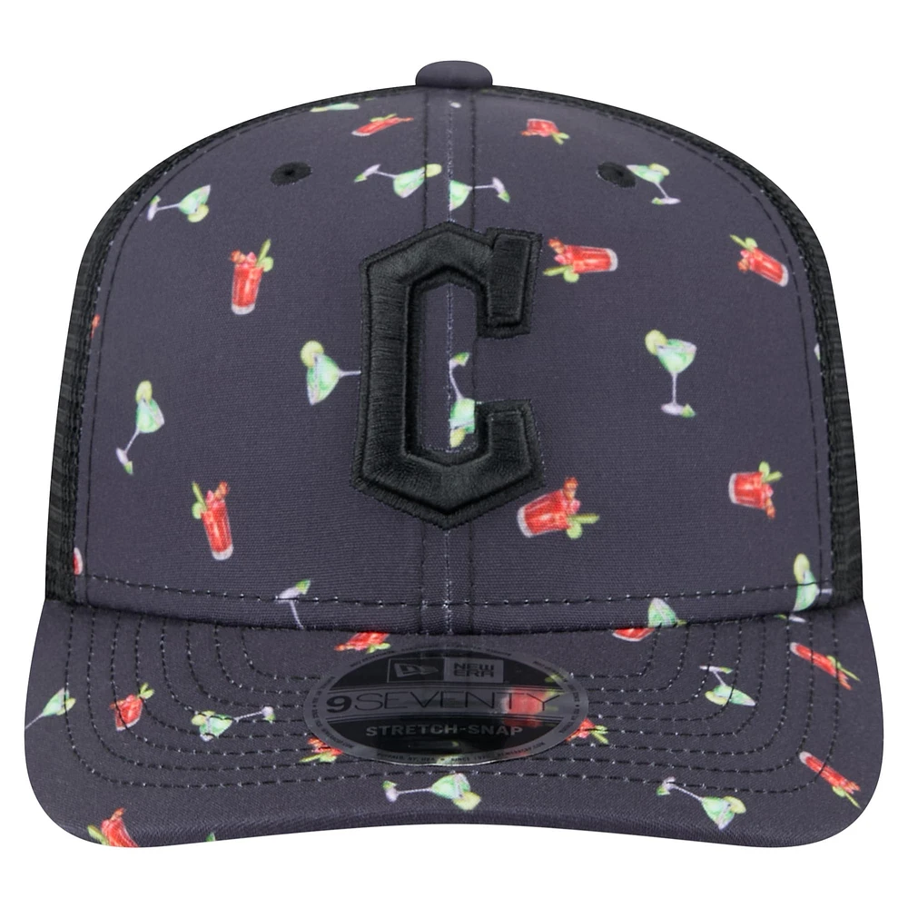 Men's New Era Black Cleveland Guardians Adventure Drinks Pattern 9SEVENTY Stretch-Snap Hat