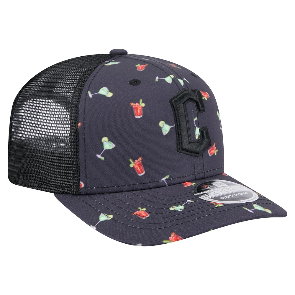 Men's New Era Black Cleveland Guardians Adventure Drinks Pattern 9SEVENTY Stretch-Snap Hat