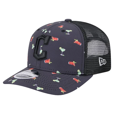 Men's New Era Black Cleveland Guardians Adventure Drinks Pattern 9SEVENTY Stretch-Snap Hat