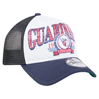 Men's New Era White/Navy Cleveland Guardians Distressed 9FORTY A-Frame Adjustable Trucker Hat