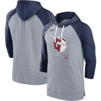 Chandail à capuchon manches 3/4 raglan baseball Cleveland Guardians Nike pour homme, gris chiné/bleu marine chiné