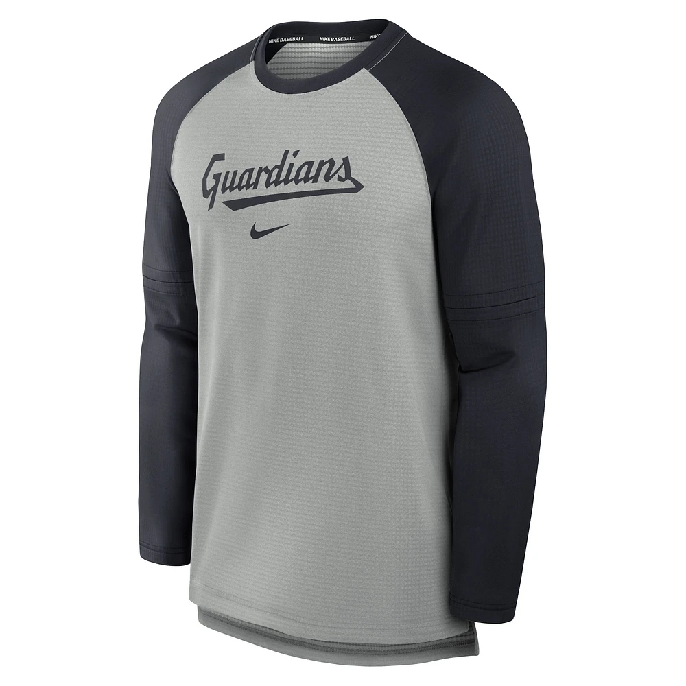 Men's Nike Heather Gray/Navy Cleveland Guardians Authentic Collection Game Time Raglan Performance Long Sleeve T-Shirt