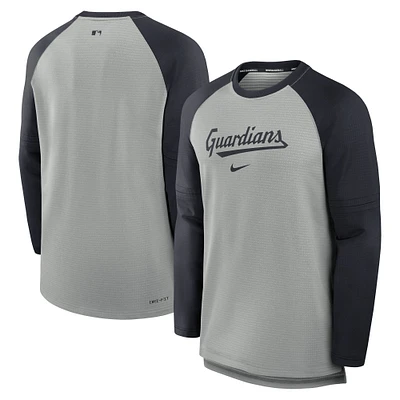 T-shirt à manches longues Nike pour hommes, bleu marine/bleu, Cleveland Guardians Authentic Collection Game Time Raglan Performance