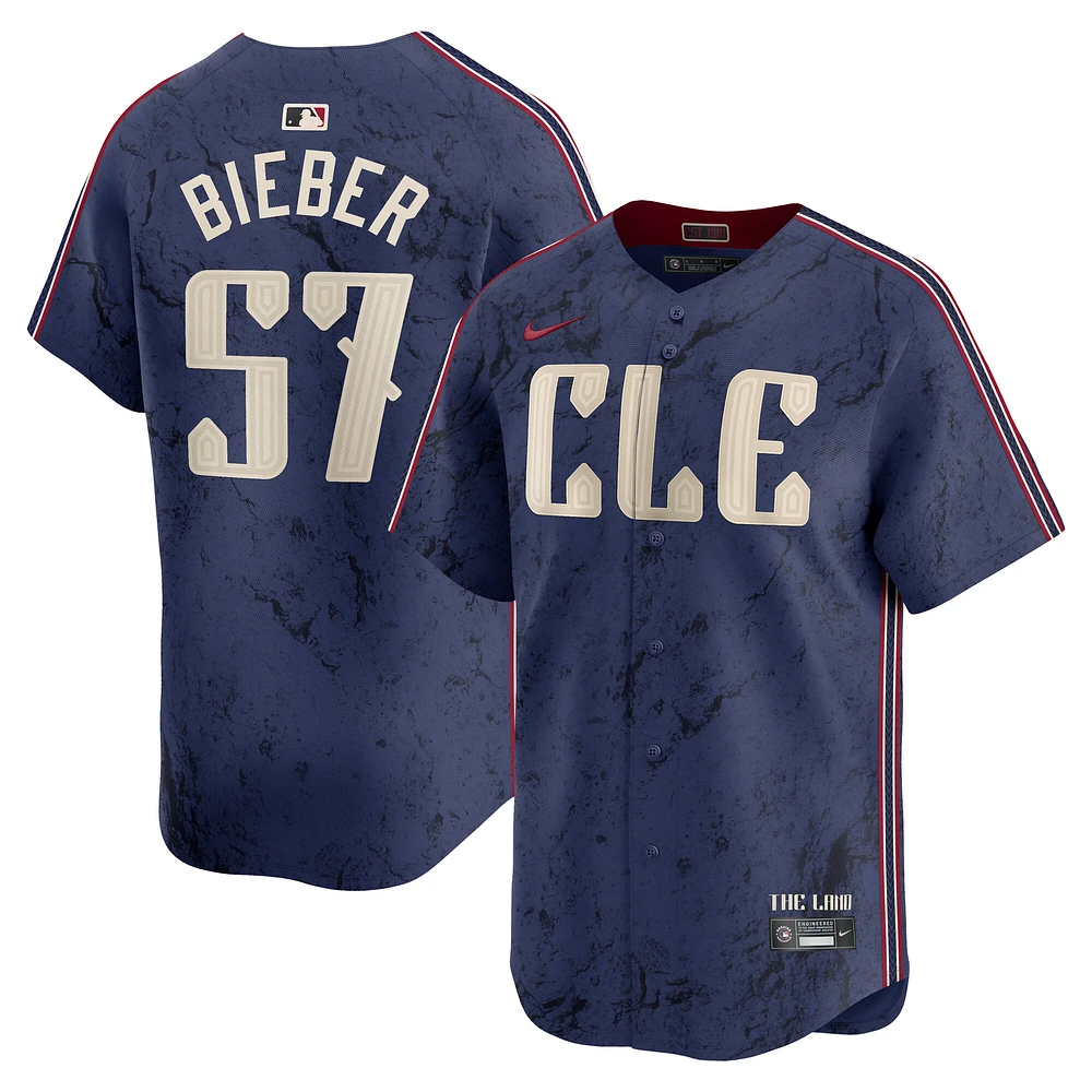 Maillot de joueur Nike Shane Bieber bleu marine des Cleveland Guardians City Connect Limited pour homme