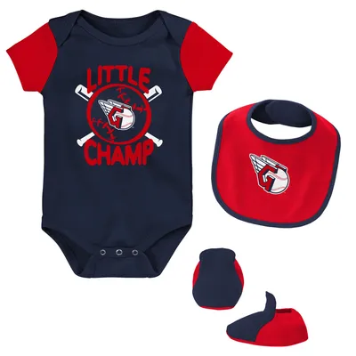 Lot de trois bavoirs et chaussons pour nouveau-nés bébés bleu marine/rouge Cleveland Guardians Little Champ