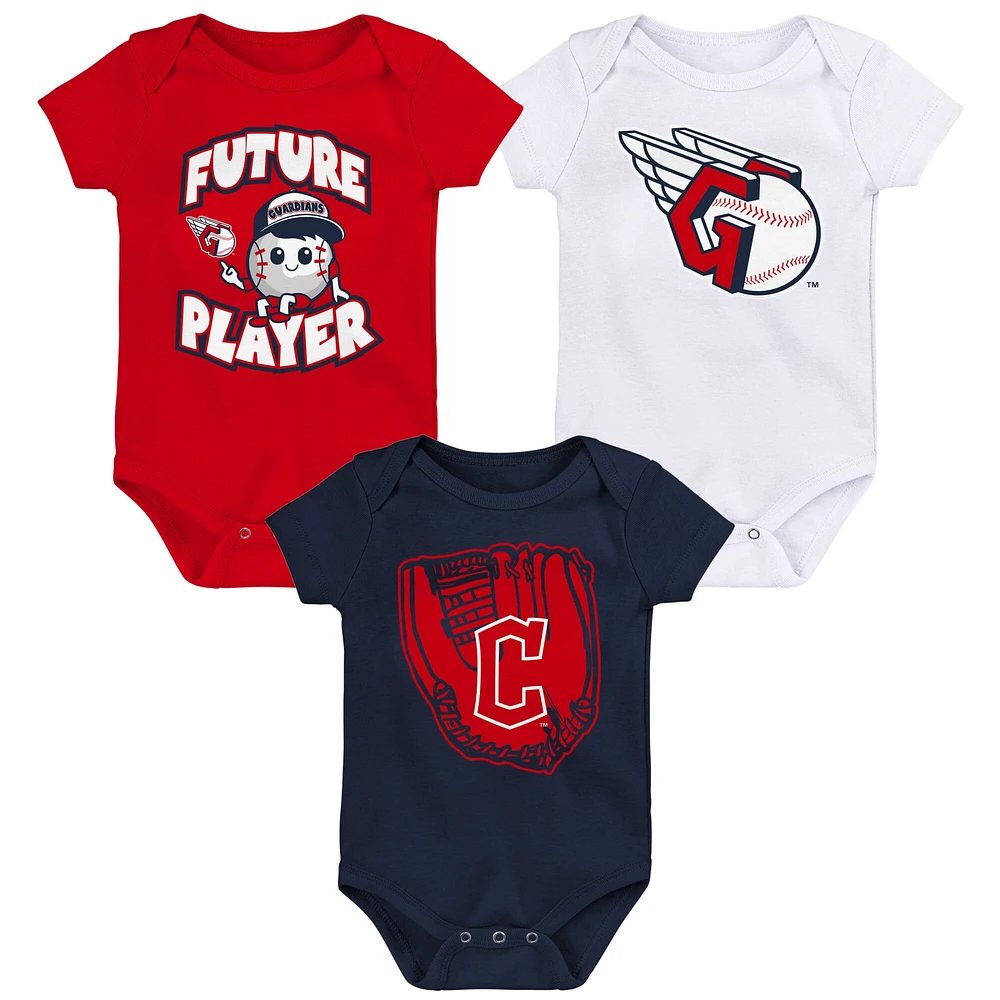 Newborn & Infant Red/Navy/White Cleveland Guardians Minor League Player Three-Pack Bodysuit Set