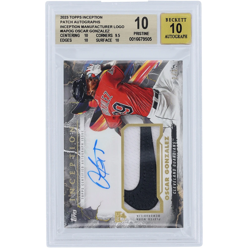 Carte de recrue authentifiée 10/10 Topps Inception Nike Swoosh #IAP-OG #1/1 BGS 2023 autographiée par Oscar Gonzalez des Cleveland Guardians - Sous-grades 10, 9, 5, 10, 10
