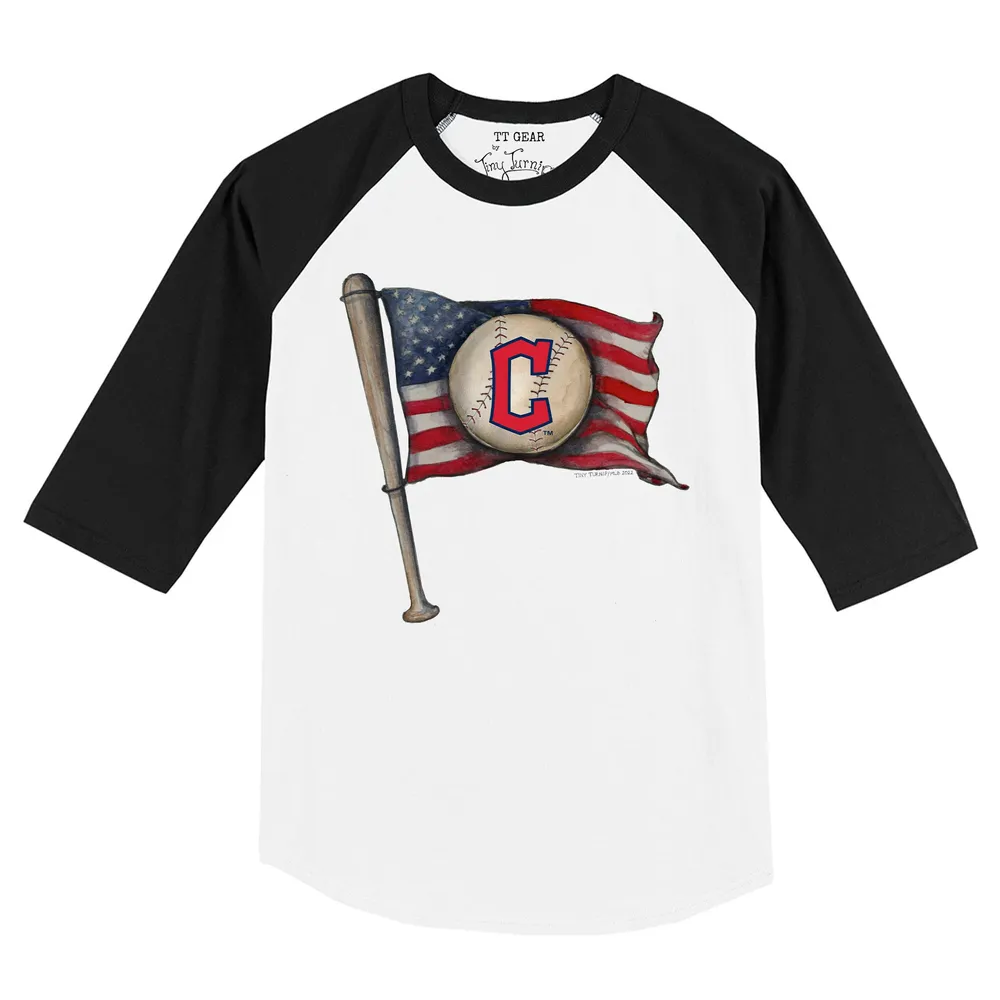 Youth Tiny Turnip White/Black Cleveland Guardians Baseball Flag Raglan 3/4 Sleeve T-Shirt Size: Large